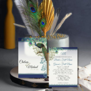 Invitation Elégant Vintage Peacock Feathers Marine Blue Maria