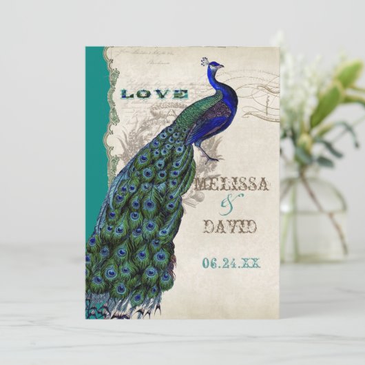 Invitation Élégant Vintage Peacock Feathers Script (Debout devant)