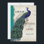 Invitation Élégant Vintage Peacock Feathers Script<br><div class="desc">Il y a une touche de fantaisie et de plaisir dans ce design avec un paon vintage dans des couleurs intenses de cobalt, paon, et bleu aqua avec violet et vert. Vous avez le choix entre des couleurs arrière - plans, représentées ici en paon ou en bleu turquoise. Lors de...</div>