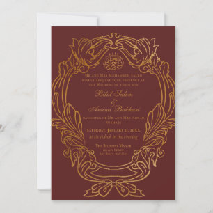 Invitation Elégant Vintage Red Gold Frame Mariage islamique
