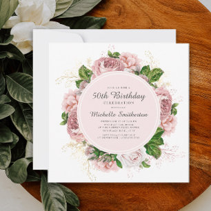 Invitation Elégant Vintage Rose Pâle Floral 50e Anniversaire