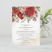 Invitation Élégant Vintage Roses rouges Mariage botanique flo (Debout devant)