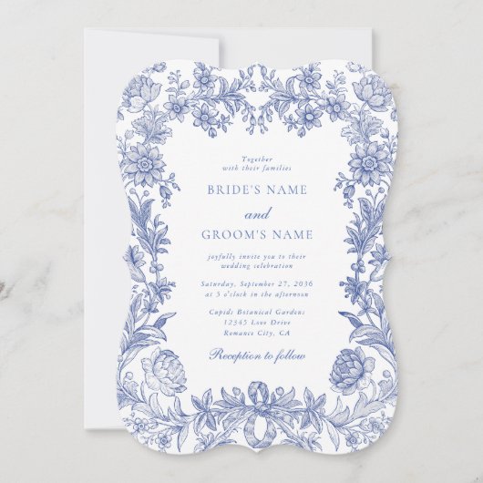 Invitation Élégant Vintage Rustique Français Bleu Mariage Flo (Devant)