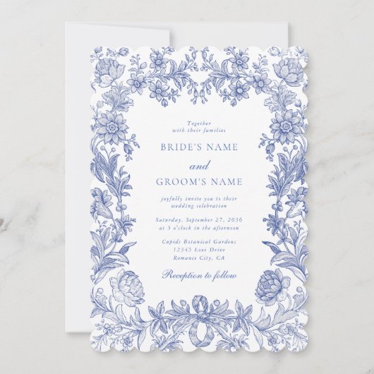 Invitation Élégant Vintage Rustique Français Bleu Mariage Flo (Devant)