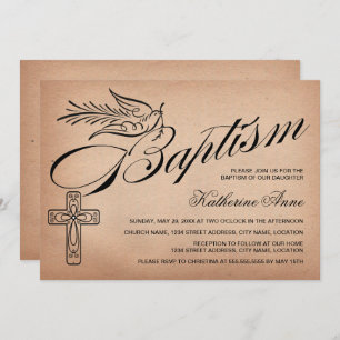 Invitation Élégant Vintage Script Cross et Dove Baptism