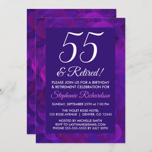 Invitation Élégant Violet 55 et Fête de Retraite à la Retrait (Devant / Derrière)