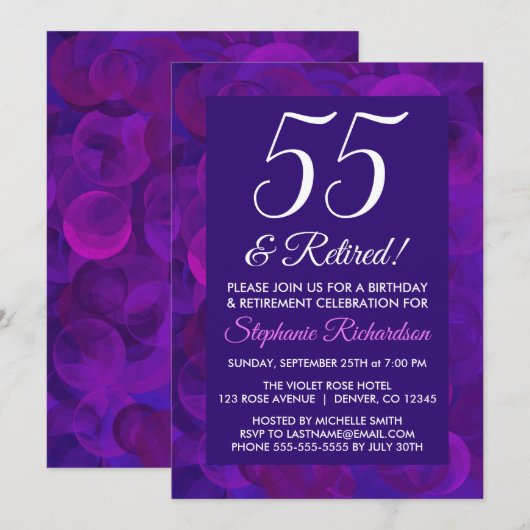 Invitation Elegant Violet 55 et Fête de Retraite Retraité (Devant / Derrière)