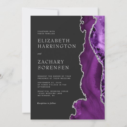 Invitation Élégant violet Agate argent foncé QR Code Mariage (Devant)