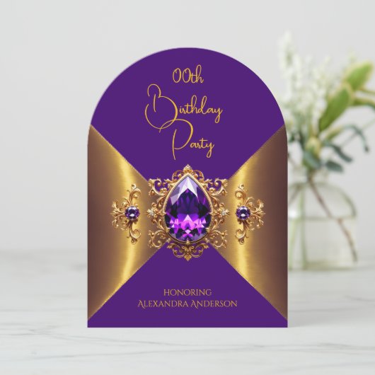 Invitation Elégant violet Anniversaire Or Joyau d'or (Debout devant)