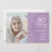 Invitation Elégant violet blanc floral photo 80e anniversaire (Devant)