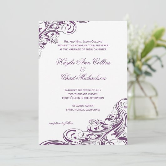 Invitation Élégant violet blanc orange Mariage (Debout devant)