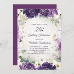 Invitation Elégant violet blanc Parties scintillant florale 2<br><div class="desc">Elégante invitation à la fête du 21e anniversaire pour les femmes avec de jolies fleurs blanches et violettes peintes à la main et des feuilles verts sauge accentués de parties scintillant or. Personnalisé avec un nom et toutes les informations de votre parti. Contactez-moi pour obtenir de l'aide sur vos personnalisations...</div>