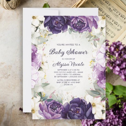 Invitation Elégant violet blanc Parties scintillant Florale B