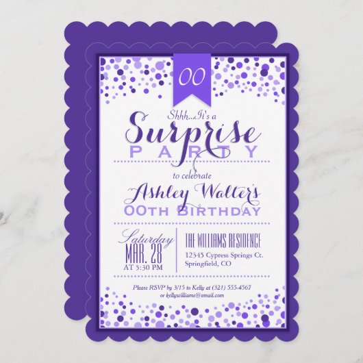 Invitation Élégant violet, Blanc Surprise fête d'anniversaire (Devant / Derrière)