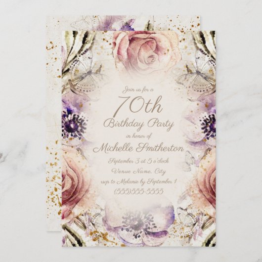 Invitation Élégant violet bleu rose Script 70e anniversaire (Devant / Derrière)