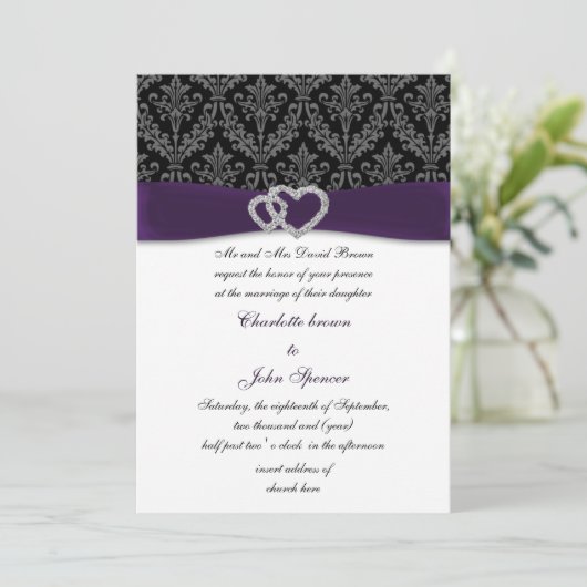 Invitation Élégant violet Damask Diamante Mariage (Debout devant)