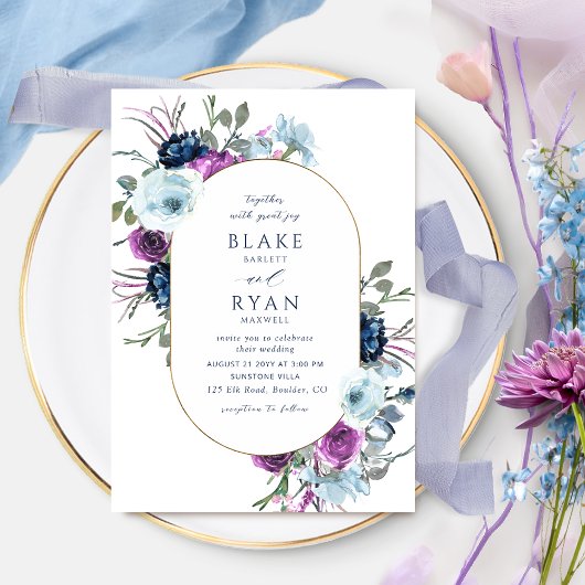Invitation Élégant violet et bleu Mariage d'arc ovale floral