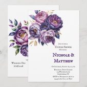 Invitation Elégant violet et Magenta Peony Couples Douche (Devant / Derrière)