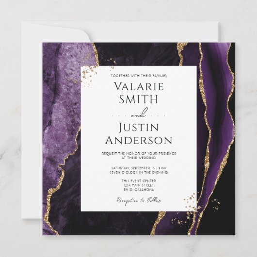Invitation Élégant violet et or Agate Mariage en pierre (Devant)