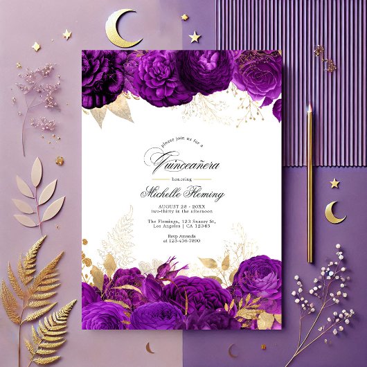 Invitation Elégant violet et or Floral Quinceañera