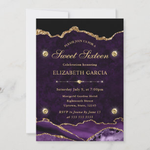 Invitation Élégant Violet et Or Paillettes d'agate Sweet 16