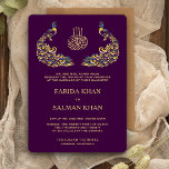 Invitation Élégant violet et or Peacock Mariage islamique<br><div class="desc">Éblouissez vos invités avec cette élégante invitation de mariage mettant en vedette de beaux paons et "Bismillah" en calligraphie arabe. Ajoutez simplement les détails de votre événement sur ce modèle facile à utiliser pour en faire une invitation unique. Retournez la carte pour révéler un élégant motif de points d'or au...</div>