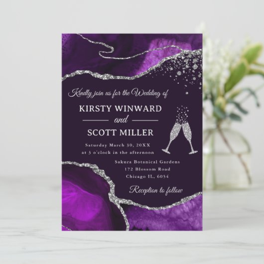 Invitation Élégant violet et Parties scintillant argenté Mari (Debout devant)