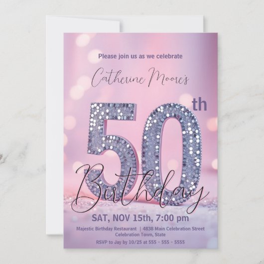 Invitation Elégant violet et Parties scintillant d'argent 50e (Devant)