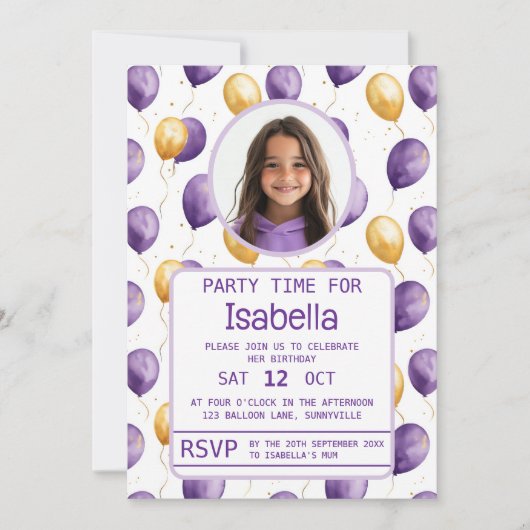 Invitation Elégant violet Faux Gold Balloons Anniversaire (Devant)