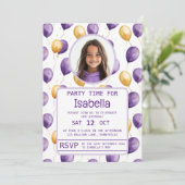 Invitation Elégant violet Faux Gold Balloons Anniversaire (Debout devant)
