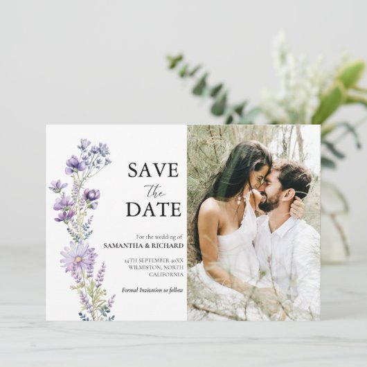 Invitation Elégant Violet Fleur sauvage Mariage Enregistrer L (Debout devant)