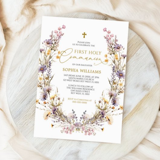 Invitation Élégant violet Fleur sauvage première sainte commu