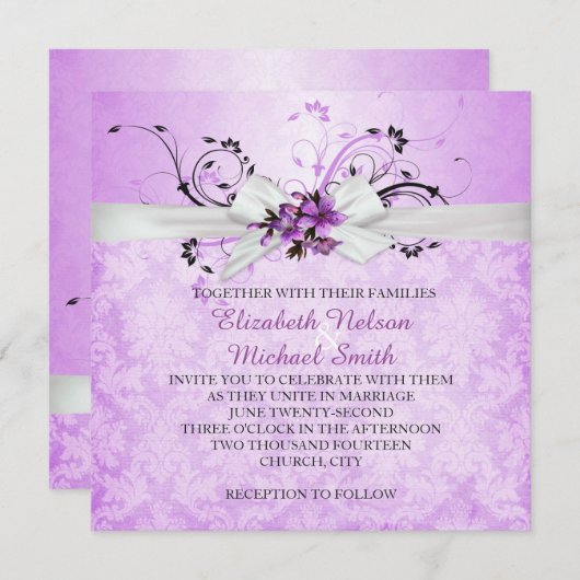 Invitation Élégant violet fleuri Ribbon Mariage damassé Invit (Devant / Derrière)