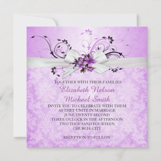 Invitation Élégant violet fleuri Ribbon Mariage damassé Invit (Devant)