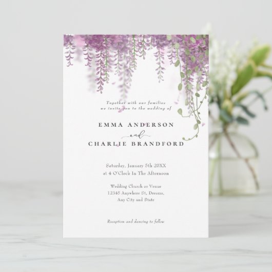 Invitation Élégant violet fleurs botaniques Script Mariage (Debout devant)