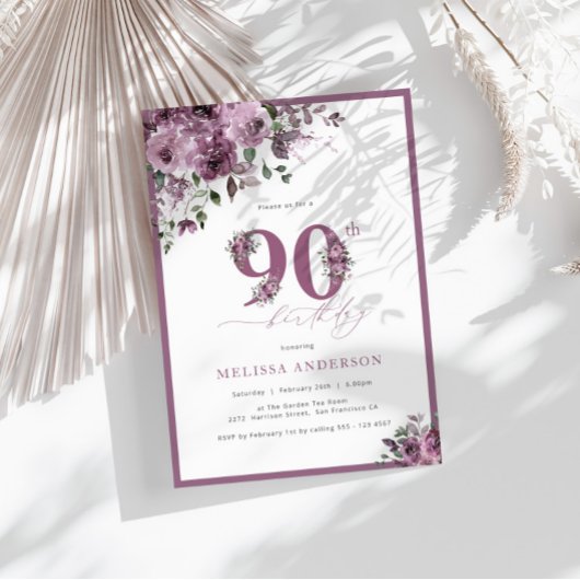 Invitation Elégant violet floral 90e anniversaire