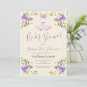 Invitation Élégant violet Floral & Bunny Baby shower fille (Debout devant)