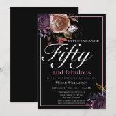 Invitation Elégant violet floral cinquante et fabuleux annive (Devant / Derrière)