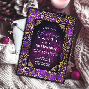Invitation Elégant violet floral damassé faux or Noël