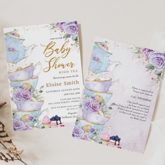 Invitation Élégant violet Floral High Tea Party Baby shower