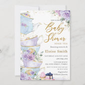 Invitation Élégant violet Floral High Tea Party Baby shower (Devant)
