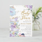 Invitation Élégant violet Floral High Tea Party Baby shower (Debout devant)