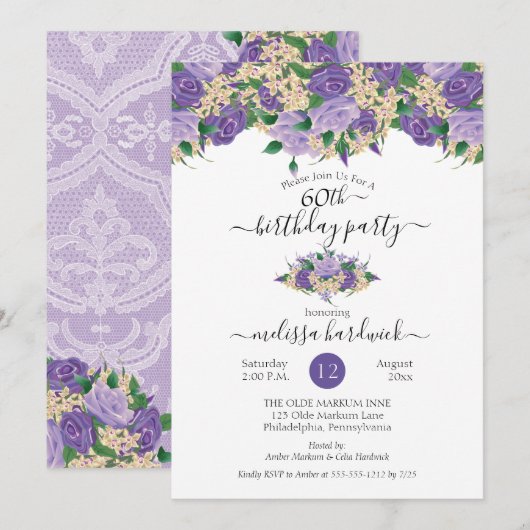 Invitation Élégant violet floral | Lace 60th Birthday Party (Devant / Derrière)