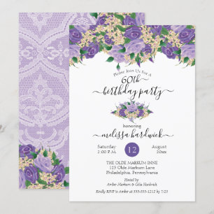 Invitation Élégant violet floral   Lace 60th Birthday Party