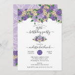 Invitation Élégant violet floral | Lace 90th Birthday Party<br><div class="desc">Design romantique violet à lavande et albâtre floral 90e anniversaire avec un swag haut drapé de bouquets avec un swag central mettant en évidence vos détails de célébration avec deux swags d'angle avec un look dentelle sous-couche sur le dos. Tous les éléments peuvent être déplacés selon vos besoins pour s'adapter...</div>