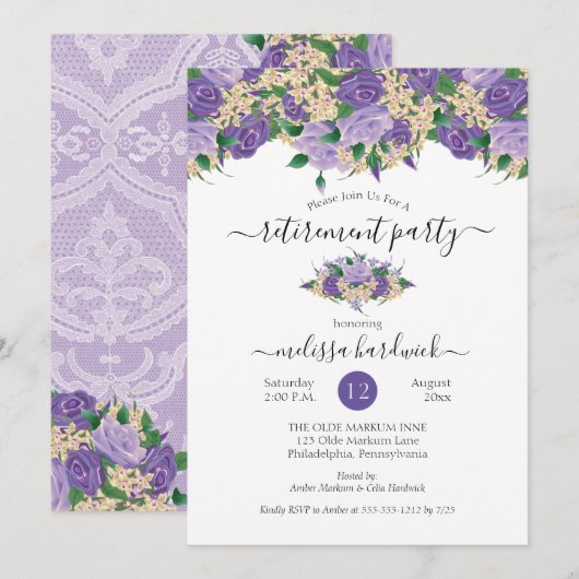 Invitation Élégant violet floral | Lace Retirement Party (Devant / Derrière)