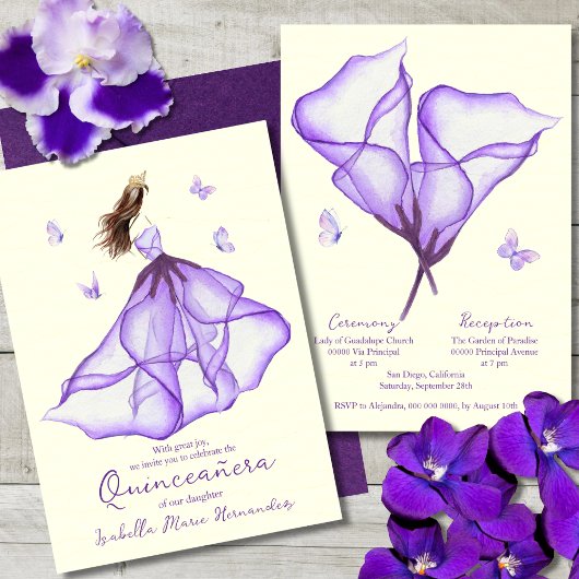 Invitation Elégant violet Floral Lily Aquarelle Quinceañera