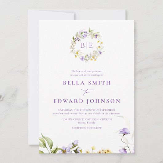 Invitation Élégant violet Floral Monogramme Mariage botanique (Devant)