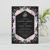 Invitation Élégant violet Floral or Feuille Mariage musulman (Debout devant)