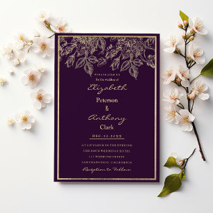 Invitation Élégant violet foncé or luxueux Mariage floral de